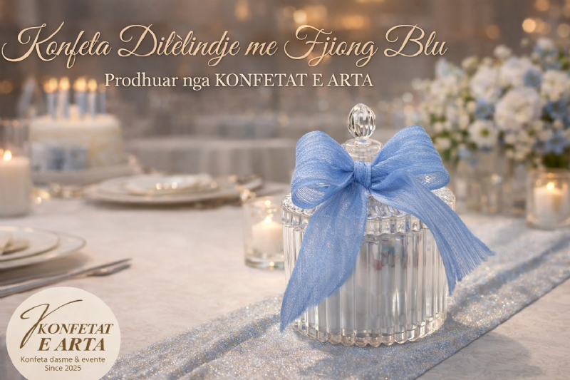 Konfeta per ditelindje me fjongo blu e personalizuar nga KONFETAT E ARTA, konfete me cokollate per festa, konfete me rafaello, konfete me ferrero rocher e personalizuar, konfete per evente me emer dhe date, dhurate e vogel per ditelindje
